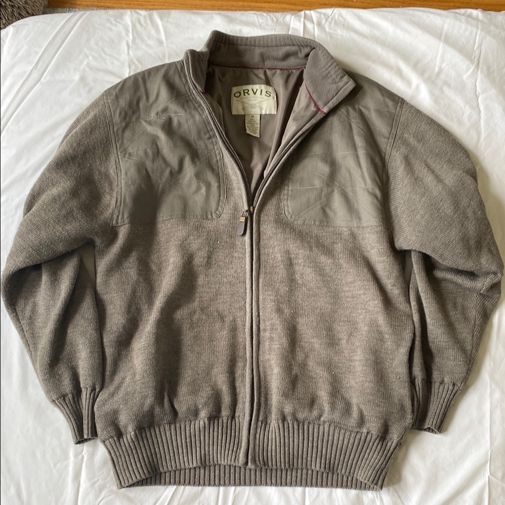 Orvis Gray Zip Up Sweater with Ribbed Cuffs
